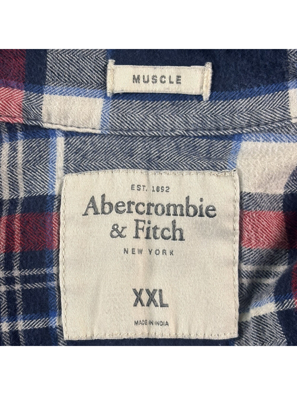 Abercrombie & Fitch Flannel Shirt Men XXL Muscle Fit Plaid Navy Red White Moose - Picture 4 of 9